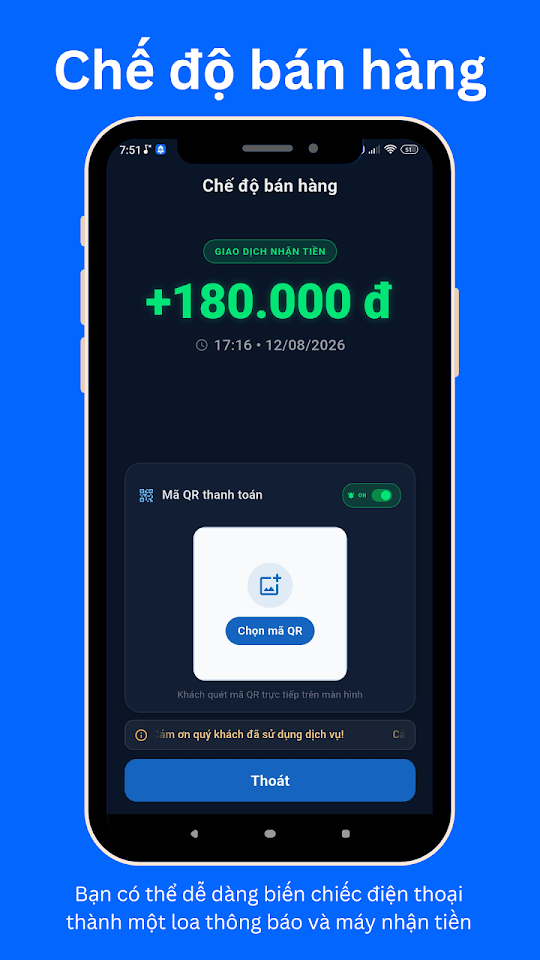 Chế độ bán hàng — loa thông báo và QR trên màn hình (ảnh Google Play)
